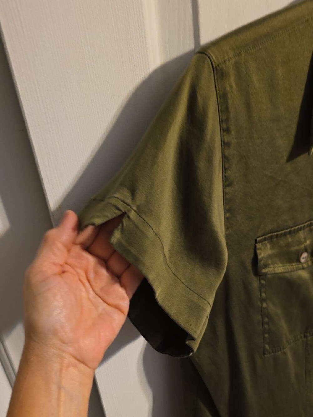 Chico's Olive Silk Blend Utility Short Sleeve Button-Front Shirt - Picture 5 of 6